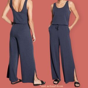 🔵 ATHLETA COASTAL WIDE LEG ROMPER JUMPSUIT NAVY BLUE HEATHER RUSSET SIZE 14